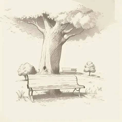 (masterpiece, best quality:1.1), (sketch:1.1), paper, no humans, a park bench, grass, tree