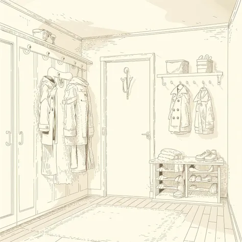 sketches of a room with a closet and a coat rack