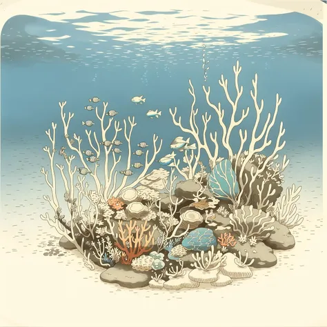 (masterpiece, best quality:1.2), (sketch:1.1), paper, no humans, outdoors, coral reef, snorkeling, marine life, crystal clear water, scuba diving, oceanic ecosystem, underwater photography, tropical fish, reef diving, english text, label, title, postcard