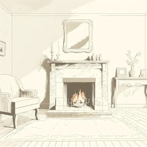 there is a drawing of a fireplace in a living room