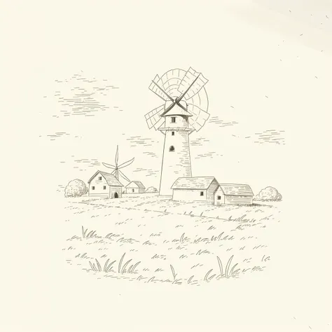 (masterpiece, best quality:1.1), (sketch:1.1), paper, no humans, a towering windmill in a field, blades, tower, countryside, farm, white, grey