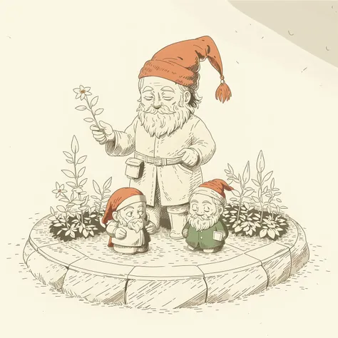 (masterpiece, best quality:1.2), (sketch:1.1), paper, no humans, a garden gnome, hat, beard, red, green, garden, figurine, ceramic