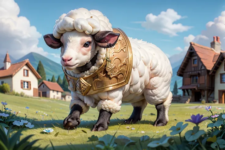 (high detailed), little young boy with little wooden sword, wearing a heavy medieval armor, attacking a sheep, some sheep around chewing grass, Medow landscape, blue sky with tiny clouds, in the background far away a small village, beautiful intricately de...