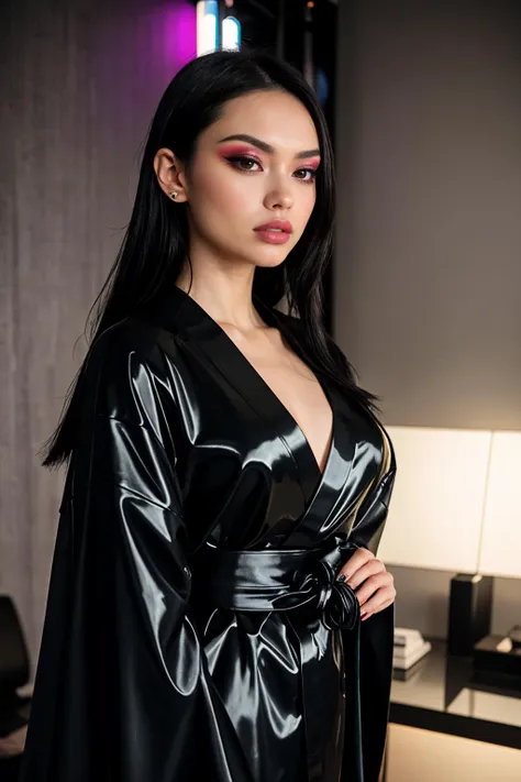 a woman in a black latex outfit posing for a picture