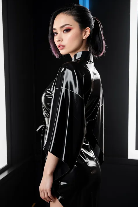 a woman in a black latex outfit posing for a picture