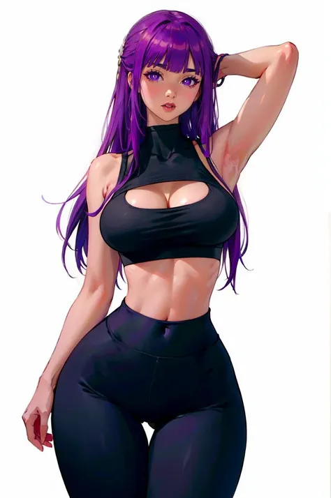 <lora:Fern:1> FernFrieren, very long hair, purple eyes, (purple pupils),    <lora:edgGymtasticv2:0.8>  edgYoga, breasts, cleavage, crop top, clothing cutout, tight high-waist pants, wearing edgYoga, sports bra, yoga pants,, absurdres, ultra detailed, maste...