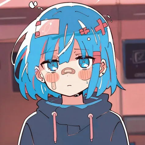 a close up of a person with blue hair and a hoodie