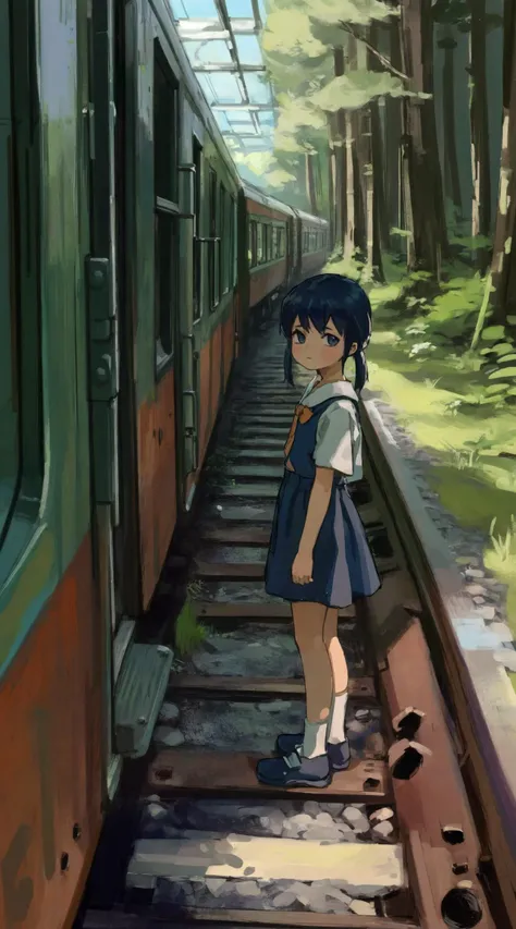 anime girl standing on train tracks looking out of window