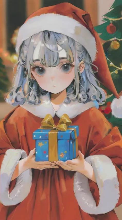 anime girl in santa outfit holding a present in front of a christmas tree