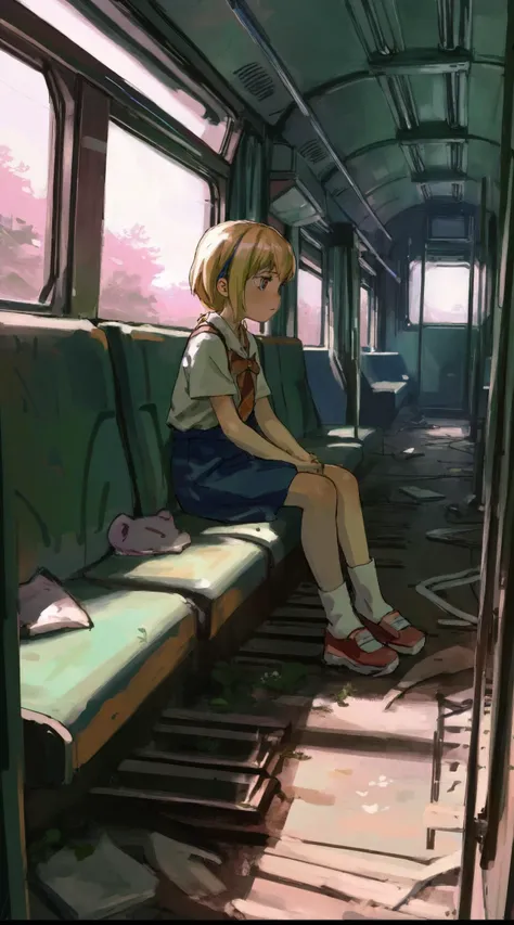 anime girl sitting on a train seat with her legs crossed