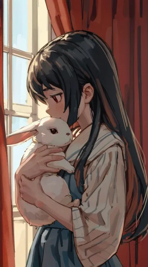 a girl holding a rabbit in her arms in front of a window