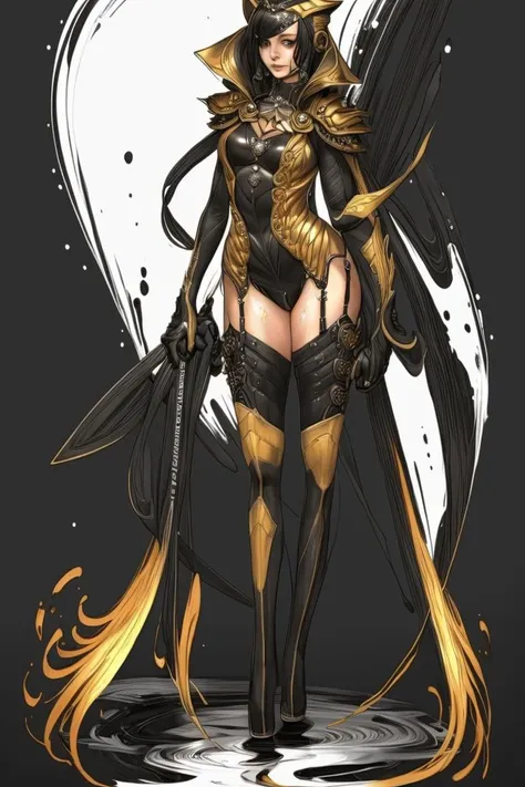 a woman in a black and gold outfit with a sword