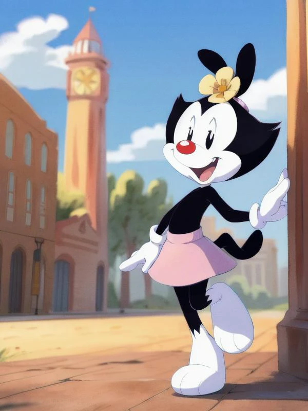 cartoon character of a cat in a pink dress standing in front of a clock tower