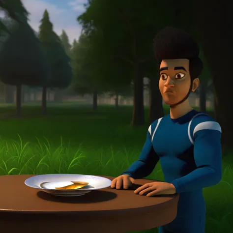 cartoon man sitting at a table with a plate of food