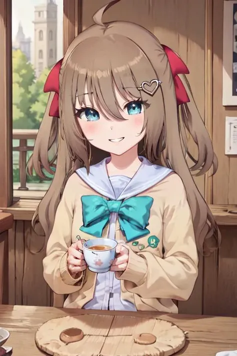 (masterpiece, best quality:1.1), volumetric lighting, 1girl, neuro-sama, brown hair, blue eyes, ahoge, hair ribbon, heart hair ornament, (brown cardigan, teal bowtie:0.9), drinking tea, grin smile, table <lora:NeuroTEST:0.7>