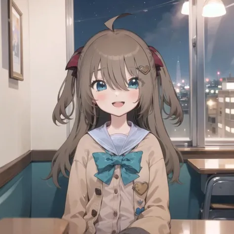 (masterpiece), (ultra-detailed), best quality, 8k, 1girl, solo, sitting, cafe, looking at viewer,  smile, open mouth, window, heart hair ornamant, table, city, indoors, school uniform, brown cardigan, upper body, ahoge, teal bowtie,  blue eyes, sailor coll...