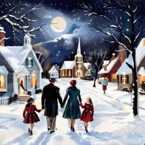 a family walk to church on Christmas Eve down the sidewalk, they are dressed in suits and dresses, colonial houses, mystery, postcards
<lora:Vintage_Christmas_Card_Generator_XL-KK:0.7>,  night sky, snow on ground, cross