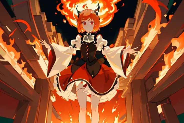 masterpiece, best quality,
 laika_slime_300, 1girl, long_sleeves, orange_hair, puffy_sleeves, red_eyes, short_hair, solo, full body, fire, using magic