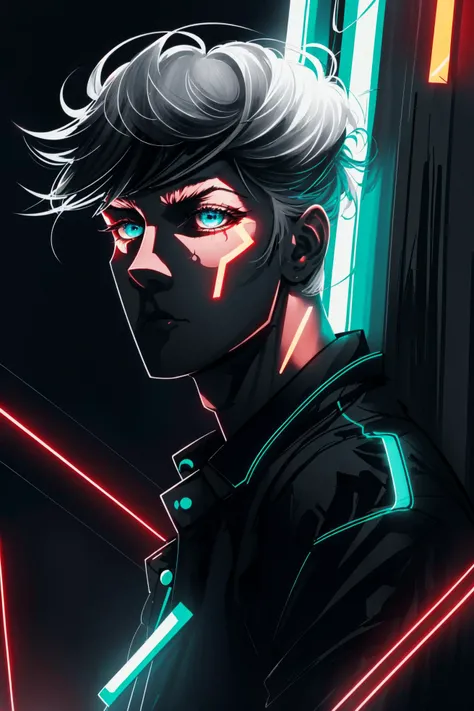 Neon Dreams,   (underground, (city)),  ( sci-fi), realistic, (neon theme, neon lights, backlights),  masterpiece, details,  detailed,  solo, boy,   white hair, bright and vivid colors, saturated colors,  expressive eyes,  calm expression, visual details,  ...