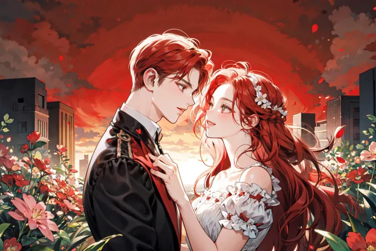 masterpiece, best quality, 2others, couple, hetero, 1man with 1woman, FE0000 hair and PINK, height difference, different colors, happy, love, flower-filled landscape, forehead
