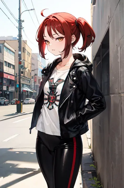 <lora:yudeebi_style_v2:0.9>, ultra detailed, masterpiece, best quality, solo, 1girl, red hair, (orange eyes:0.5), (amber eyes:1.3), swept bangs, parted bangs, medium hair, small breasts, <lora:Tsurime3:1>, (tsurime:1.2), (low twintails:1.35),
leggings, lea...