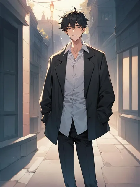 anime - style image of a man in a suit standing in a narrow alley