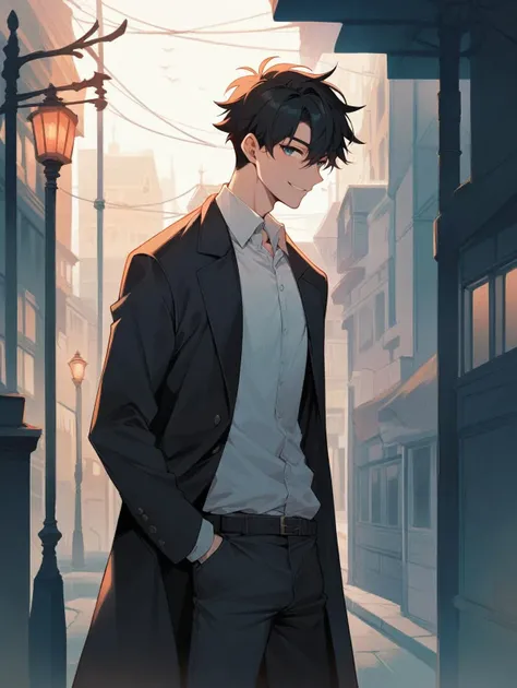 anime guy in a black coat and white shirt standing in a street