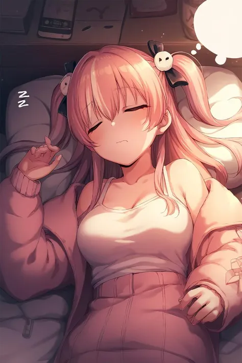 anime girl laying in bed with a bird on her head