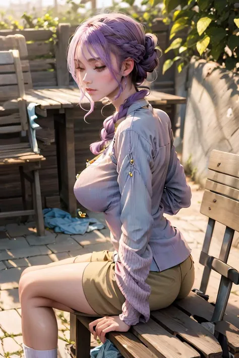 (masterpiece, best quality), 1girl, Lilac purple Boho Braided Updo, Size B breasts, Lilac Gray Puff-sleeve peasant blouse with a lace-up front. and Linen shorts with a striped pattern, socks, Sitting on a bench with arms resting on the backrest,           ...