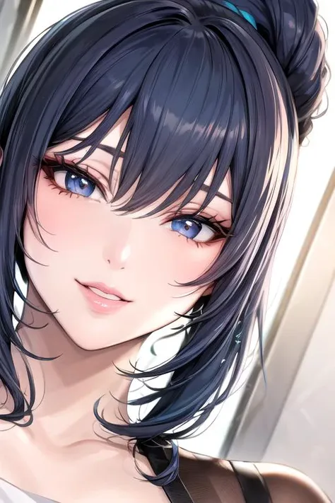 anime girl with blue eyes and black hair with a bun