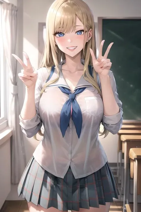 anime girl in school uniform posing for a picture in front of a blackboard