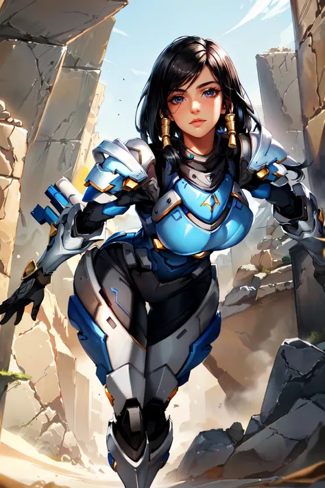 (masterpiece, best quality, ultra detailed, absurdres)1.5, 1girl, (sexy, beautiful woman, perfect face, perfect eyes, perfect female body, huge breasts)1.5, (overwatchpharah, pharah (overwatch), long hair, black hair, swept bangs, dark-skinned female, dark...