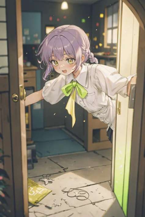 anime girl in a white shirt and green tie is flying through a doorway