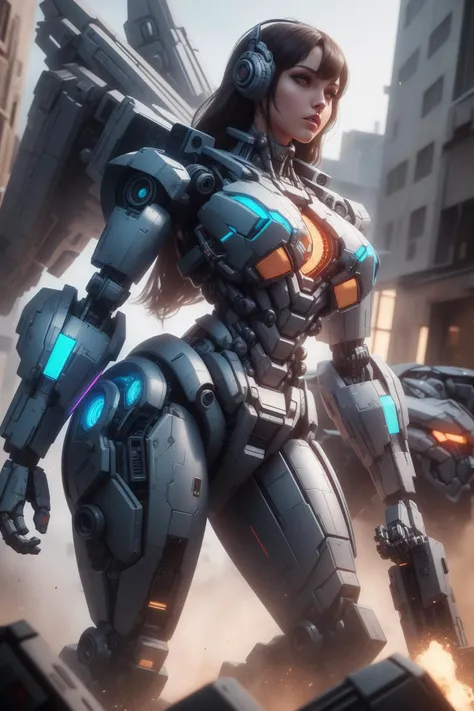 a woman in a futuristic suit standing in front of a city