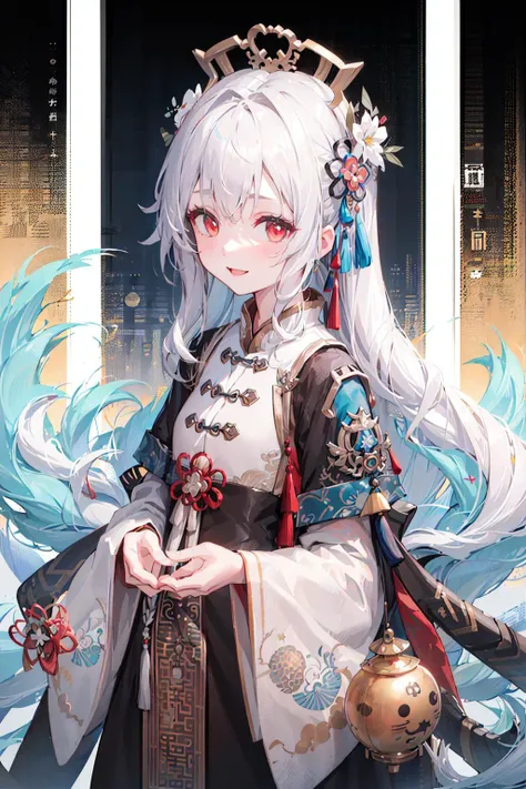 ((masterpiece, best quality)),solo,(child), 1girl, upper body, black hair, very long hair, smile, arms behind back, hanfu,song style, straight-on,
<lora:hanfu_v29:0.7>,white hair, red eyes, 
detailed background,blue sky,chinese style architecture,