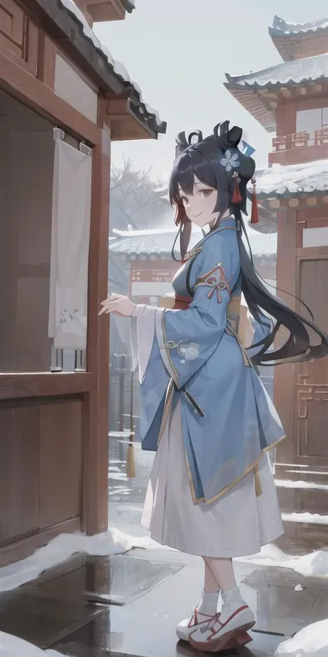 ((masterpiece, best quality)),solo,child, 1girl, full body, black hair, very long hair, smile, arms behind back,  detailed background,blue sky, chinese style architecture, <lora:hanfu292.V2uA:0.75>,Ming style outfits,Ming hanfu,snowing,