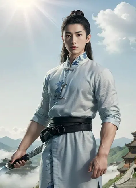 (8k, best quality, masterpiece:1.2), (realistic, photo-realistic:1.37), ultra-detailed, 1 man, young and handsome, solo, (martial artist:1.2),(6k, high-quality, character design:1.2), (The depiction of Li Xiaoyao from the popular Chinese game "The Legend o...