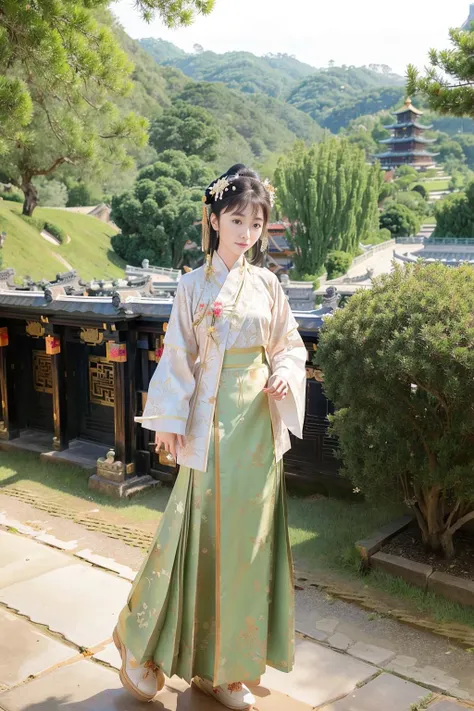 medium shot portrait of a 19 year old elegant (Maggie Cheung, (Brigitte Lin:0.85), Kathy CHAU, (Crystal Liu:0.6)) girl with black hair, standing on the edge of a cliff, standing on the hill, many Buddhist temples at the foot of this hill, river, many pavil...