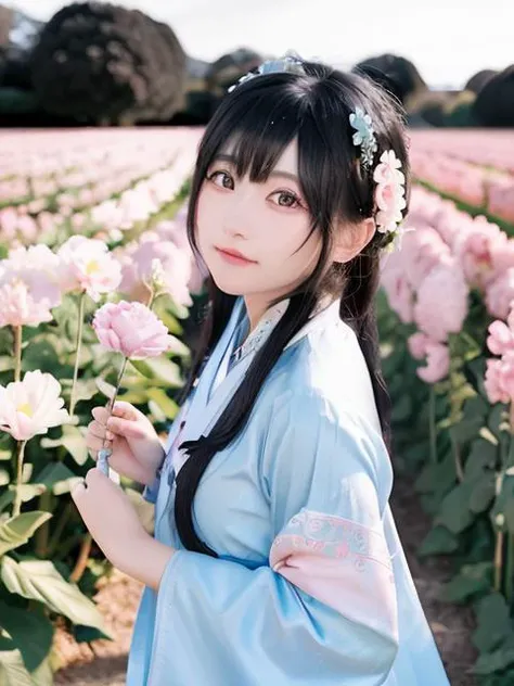 8K, ultra detailed, realistic, increase resolution, solo,1 girl, looking at viewers, black hair, (light blue long shan), blush, bright eyes, bust, Flower field, light on face, cinematic lighting, Depth of field, full body,
<lora:Lora_v20:0.2>  , <lora:hanf...