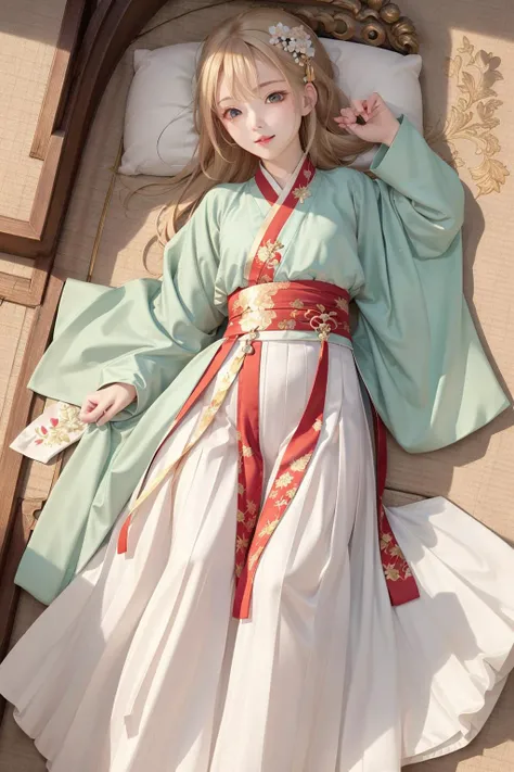 (8k, best quality, masterpiece:1.2), 1girl,solo,perfect face, perfect eyes,<lora:webGameAdFace_v10:0.3>
garden, landscape,flower, 
blonde hair,blue eyes, light smile, 
<lora:hanfu_v30:0.4> hanfu, ming style, red hanfu,
on back,on bed, looking at viewer, 
f...