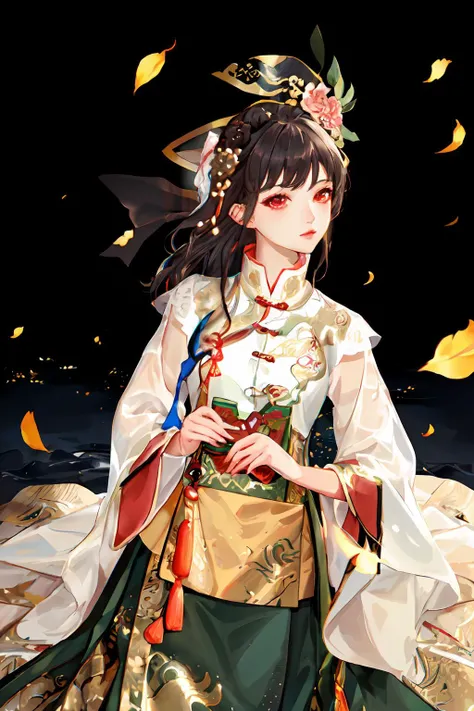 best quality, masterpiece,highly detailed,semi-realistic,1girl,upper body,hanfu,(tang hanfu), tang style outfits,wearing under shan and chest ru skirt,perfect face,glowing eyes,black hair,looking at viewer,dynamic angle,sfw,