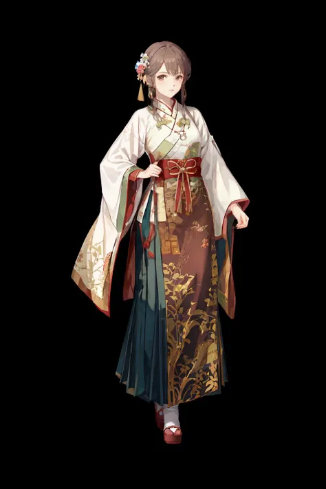 best quality, masterpiece,highly detailed,anime,1girl,hanfu,ming hanfu, ming style outfits,short shan,mamian skirt,overlapping collar,walking,simple background,looking at viewer,