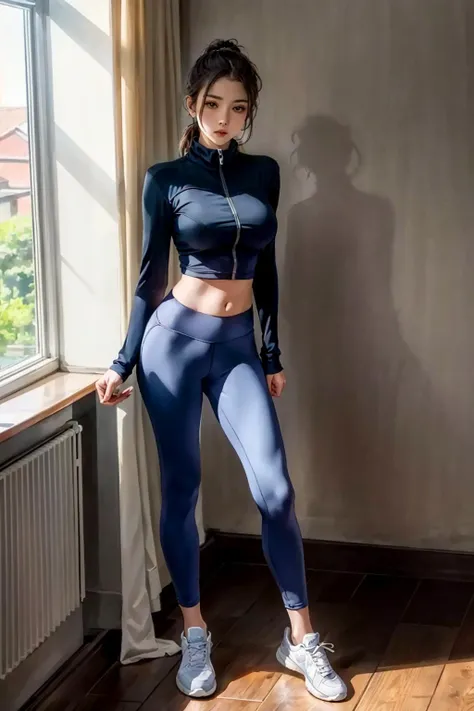 best quality,masterpiece,highres,original,extremely detailed wallpaper,perfect lighting,extremely detailed CG,<lora:add_detail:0.3>,perfect_photography.txt,
<lora:yundong:0.6>,long_tracksuit,yoga pants,