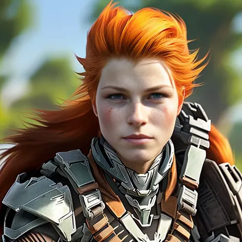 portrait of Ann4z1 as a real life version of (Aloy from Horizon Zero Dawn:1.28), open office fantasy background, charming smirking, by Ted Nasmith and Toei Animations ultra realistic highly detailed intricate photorealistic analog style photograph sharp fo...