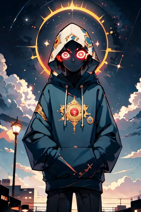 a person in a hoodie standing in front of a sky