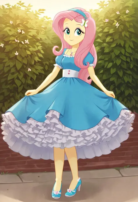 (Masterpiece, best quality:1.2), score_9, score_8_up, flat color, flat shading, soft shading, lighting, Fluttershy in a long 1950s dress, a fluffy frilly ruffled full petticoat, and high heels, dress, layered petticoat, frilly petticoat, fluffy petticoat, ...