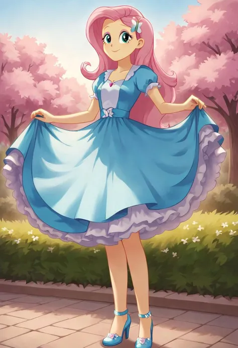 (Masterpiece, best quality:1.2), score_9, score_8_up, flat color, flat shading, soft shading, lighting, Fluttershy in a long 1950s dress, a fluffy frilly ruffled full petticoat, and high heels, dress, layered petticoat, frilly petticoat, fluffy petticoat, ...