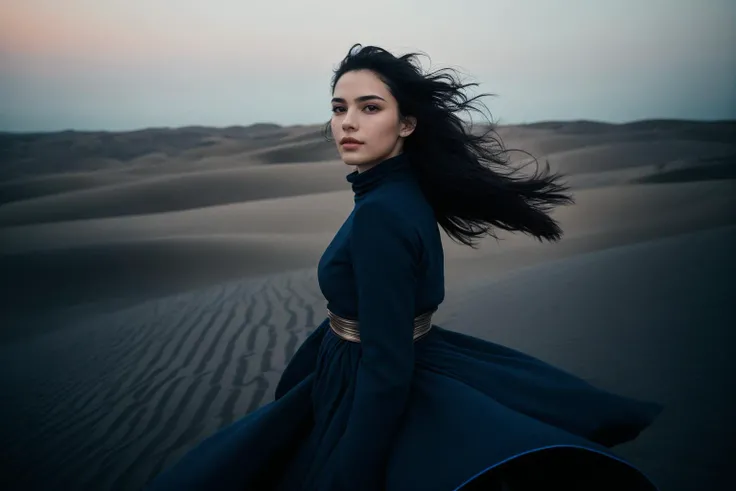 fashion photography, dune, dynamic, motion blur, (film grain:1.2), twilight, Flickr, Unsplash, dusk, twilight, noise, long exposure, melancholy, blue color scheme, dark blue colors, blue filter, neutral colors, low contrast, moody, blurry, unfocused, nosy,