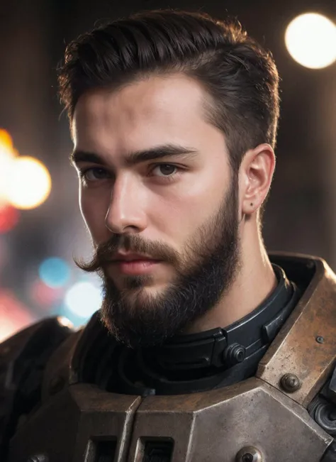 close up Portrait photo of muscular bearded guy in a worn mech suit, ((light bokeh)), intricate, (steel metal [rust]), elegant, sharp focus, photo by greg rutkowski, soft lighting, vibrant colors, masterpiece, ((streets)), detailed face