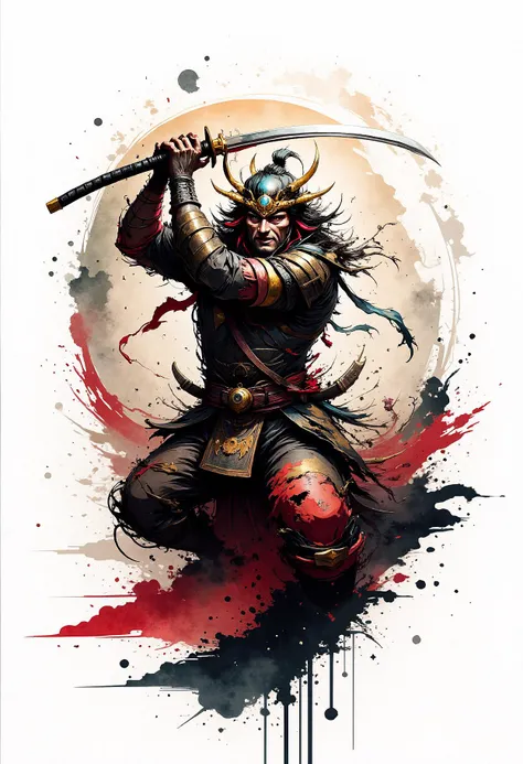 A fierce samurai warrior, mid-battle, captured in the style of ink splash artwork. His armor is black and gold, and his katana is raised above his head, ready to strike. The ink splashes around him form dynamic, flowing shapes, resembling blood and movemen...